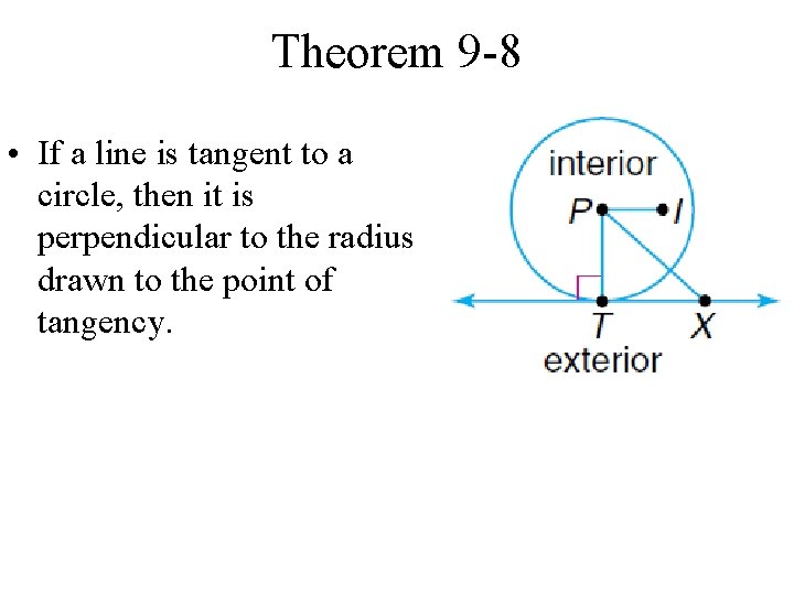 Theorem 9 -8 • If a line is tangent to a circle, then it