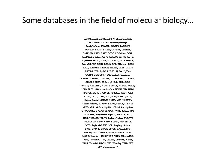 Some databases in the field of molecular biology… AATDB, Ace. Db, ACUTS, ADB, AFDB, Some databases in the field of molecular biology… AATDB, Ace. Db, ACUTS, ADB, AFDB,