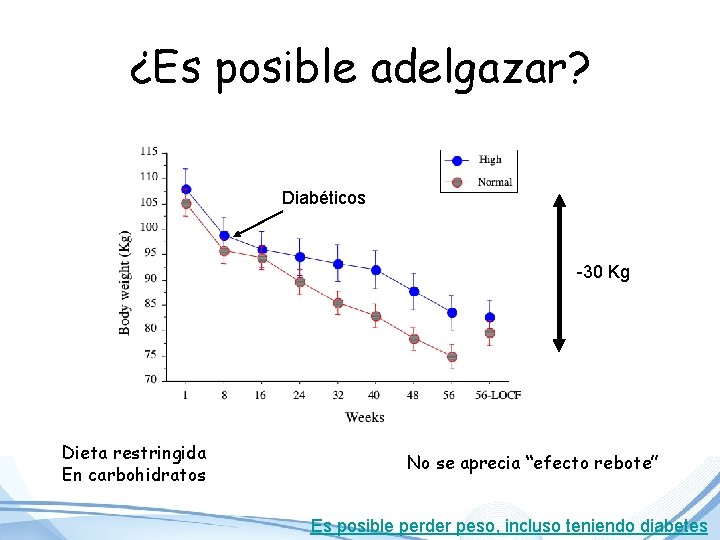 ¿Es posible adelgazar? Diabéticos -30 Kg Dieta restringida En carbohidratos No se aprecia “efecto