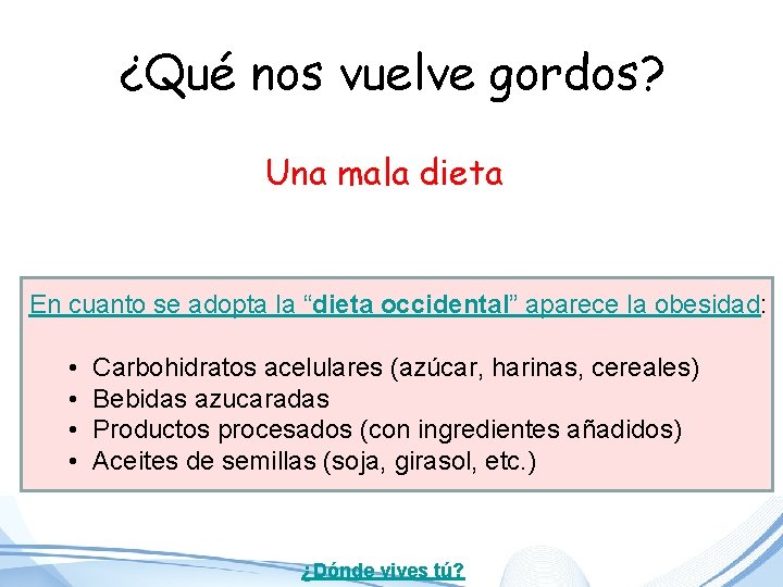 ¿Qué nos vuelve gordos? Una mala dieta En cuanto se adopta la “dieta occidental”
