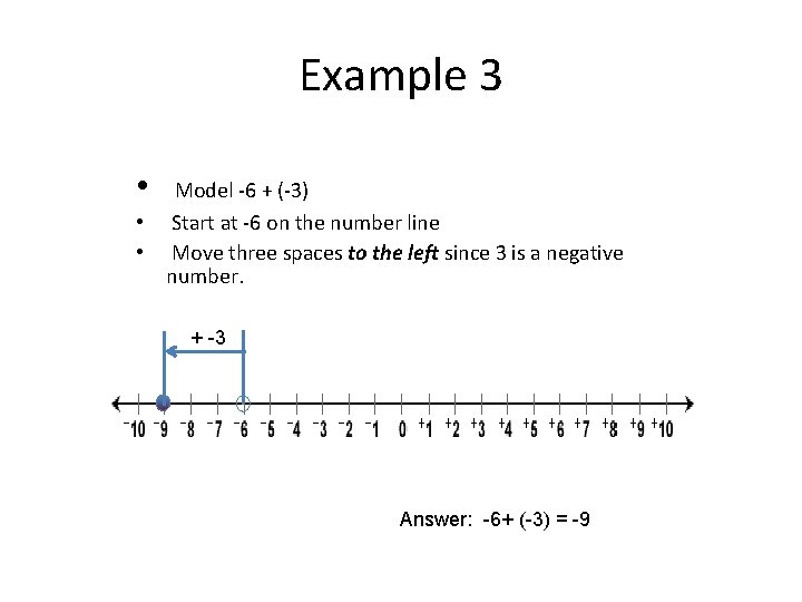 Example 3 • Model -6 + (-3) • Start at -6 on the number
