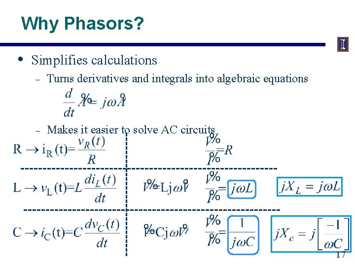 Why Phasors? • Simplifies calculations – Turns derivatives and integrals into algebraic equations –