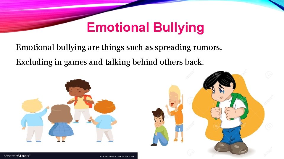 Emotional Bullying Emotional bullying are things such as spreading rumors. Excluding in games and