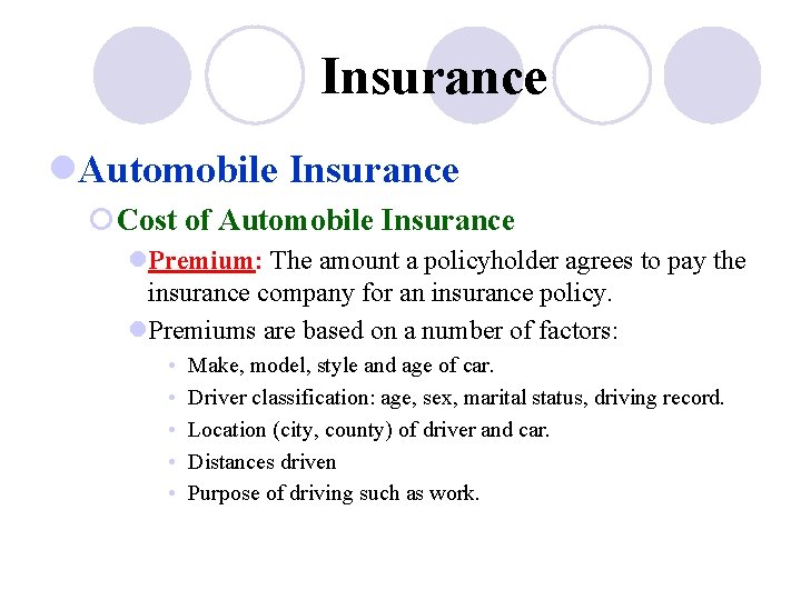 Insurance l. Automobile Insurance ¡Cost of Automobile Insurance l. Premium: The amount a policyholder