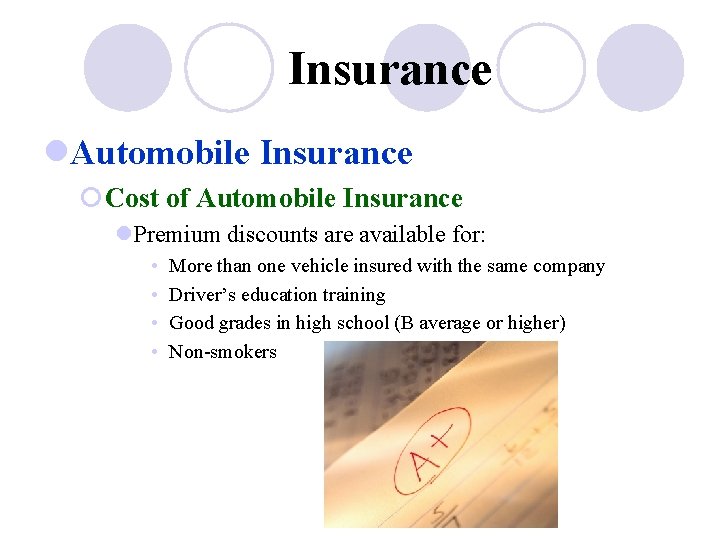 Insurance l. Automobile Insurance ¡Cost of Automobile Insurance l. Premium discounts are available for:
