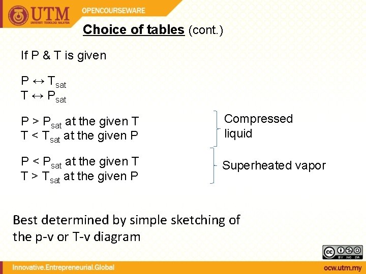 Choice of tables (cont. ) If P & T is given P ↔ Tsat