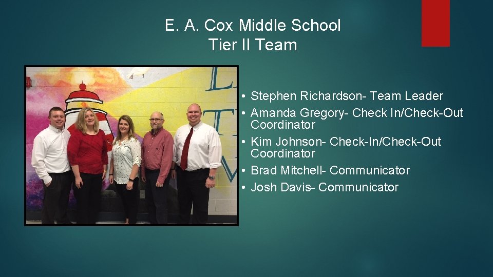 E. A. Cox Middle School Tier II Team • Stephen Richardson- Team Leader •