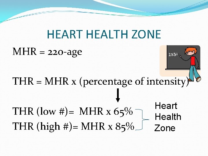 HEART HEALTH ZONE MHR = 220 -age THR = MHR x (percentage of intensity)