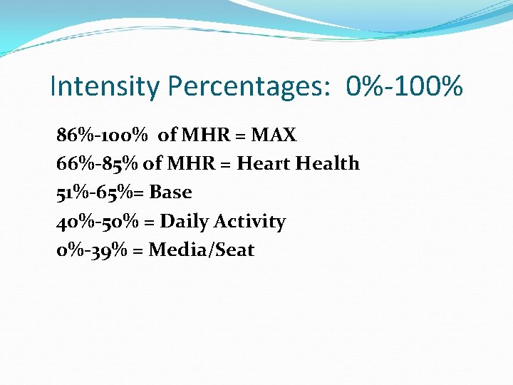 Intensity Percentages: 0%-100% 86%-100% of MHR = MAX 66%-85% of MHR = Heart Health