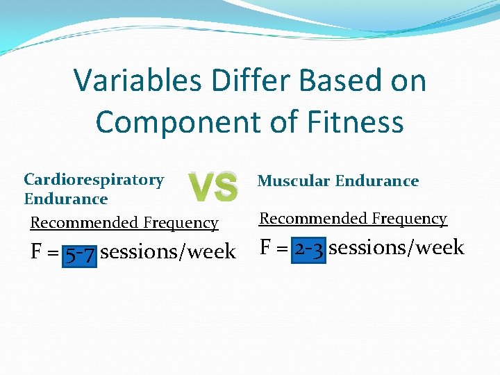 Variables Differ Based on Component of Fitness VS Cardiorespiratory Endurance Recommended Frequency F =