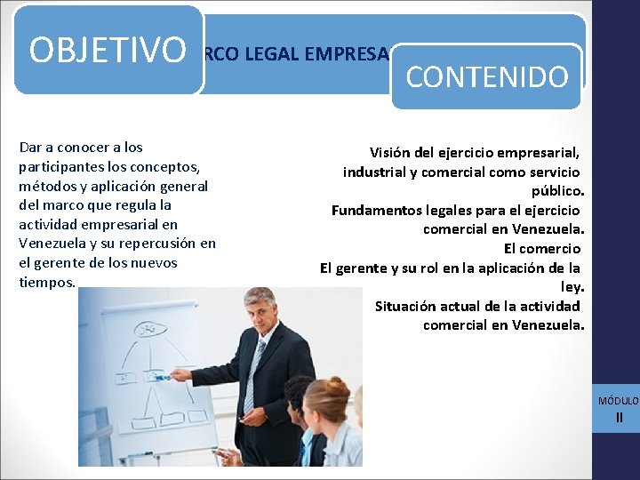 OBJETIVOMARCO LEGAL EMPRESARIAL CONTENIDO Dar a conocer a los participantes los conceptos, métodos y