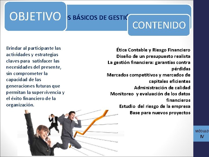 FUNDAMENTOS BÁSICOS DE GESTIÓN FINANCIERA OBJETIVO CONTENIDO Brindar al participante las actividades y estrategias