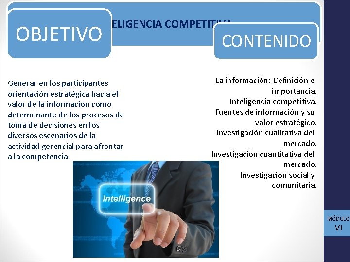 INTELIGENCIA COMPETITIVA OBJETIVO Generar en los participantes orientación estratégica hacia el valor de la