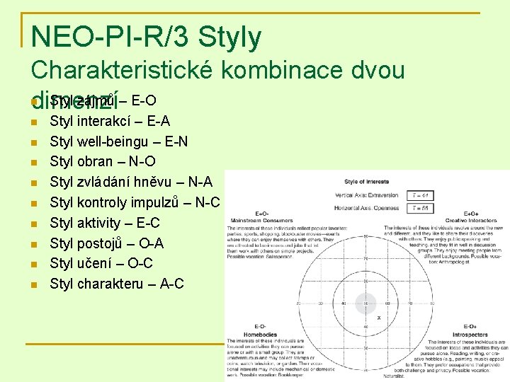 NEO-PI-R/3 Styly Charakteristické kombinace dvou Styl zájmů – E-O dimenzí n n n n