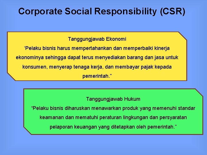 Corporate Social Responsibility (CSR) Tanggungjawab Ekonomi ‘Pelaku bisnis harus mempertahankan dan memperbaiki kinerja ekonominya