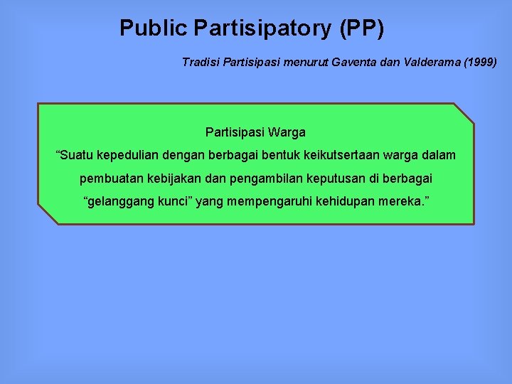 Public Partisipatory (PP) Tradisi Partisipasi menurut Gaventa dan Valderama (1999) Partisipasi Warga “Suatu kepedulian