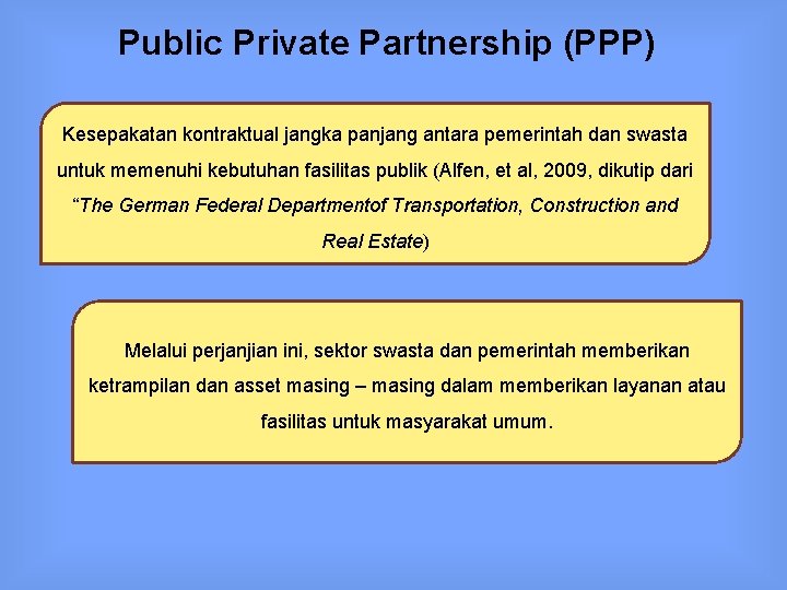 Public Private Partnership (PPP) Kesepakatan kontraktual jangka panjang antara pemerintah dan swasta untuk memenuhi