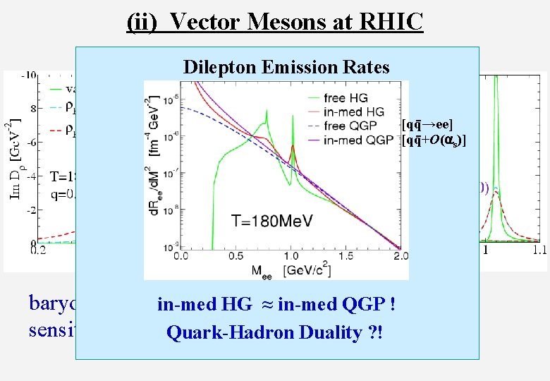 (ii) Vector Mesons at RHIC Dilepton Emission Rates [qq→ee] [qq+O(a s)] baryon effectsin-med important