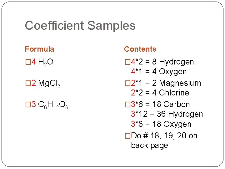 Coefficient Samples Formula Contents � 4 H 2 O � 4*2 = 8 Hydrogen