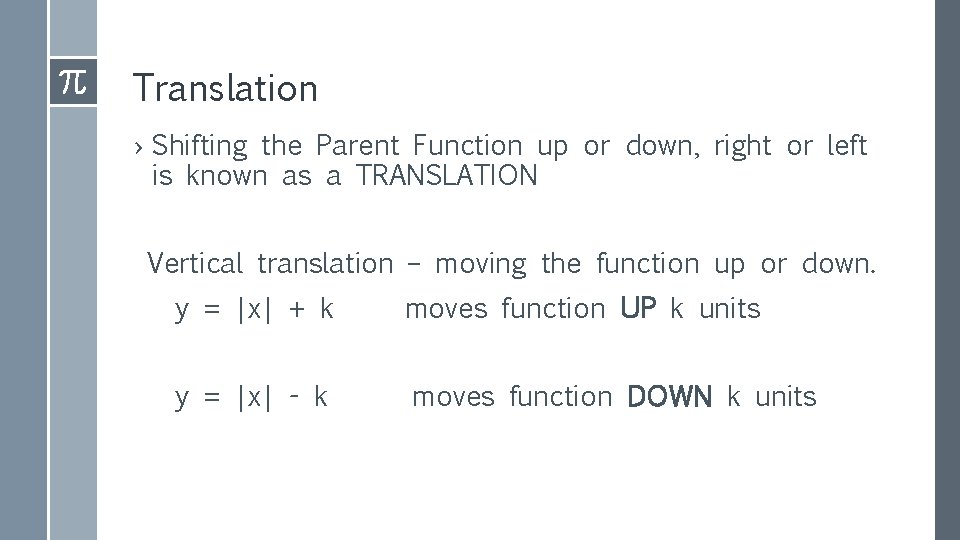 Translation › Shifting the Parent Function up or down, right or left is known