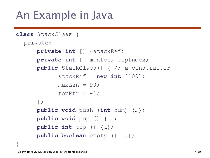 An Example in Java class Stack. Class { private: private int [] *stack. Ref;