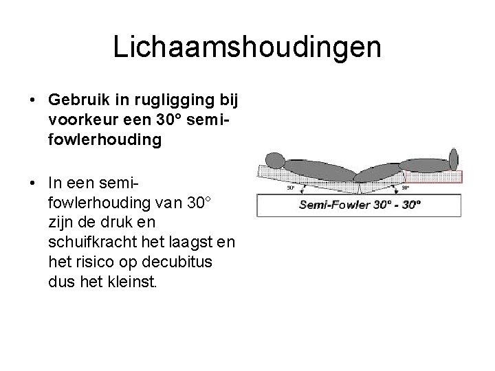 Lichaamshoudingen • Gebruik in rugligging bij voorkeur een 30° semifowlerhouding • In een semifowlerhouding