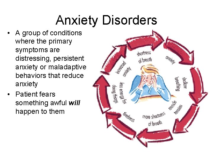Anxiety Disorders • A group of conditions where the primary symptoms are distressing, persistent