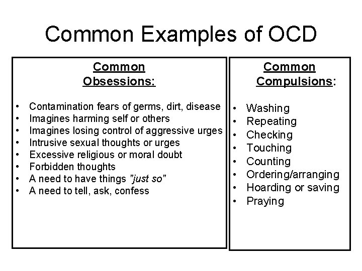 Common Examples of OCD Common Obsessions: • • Contamination fears of germs, dirt, disease