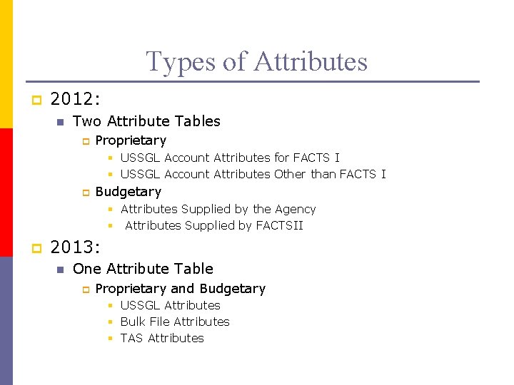 Types of Attributes p 2012: n Two Attribute Tables p Proprietary § USSGL Account