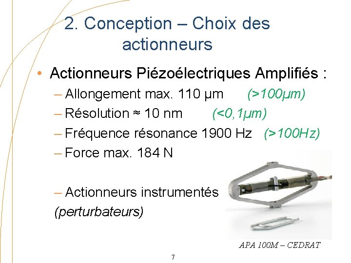 2. Conception – Choix des actionneurs • Actionneurs Piézoélectriques Amplifiés : – Allongement max.