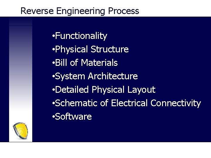 Reverse Engineering Process • Functionality • Physical Structure • Bill of Materials • System