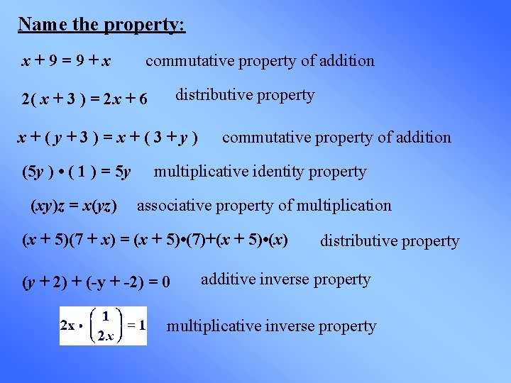 Name the property: x+9=9+x commutative property of addition distributive property 2( x + 3 Name the property: x+9=9+x commutative property of addition distributive property 2( x + 3