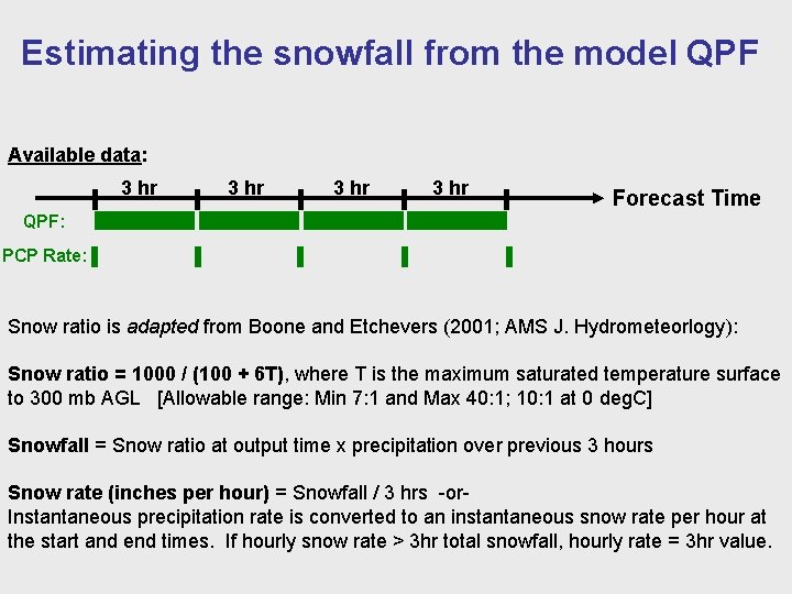 Estimating the snowfall from the model QPF Available data: 3 hr Forecast Time QPF: