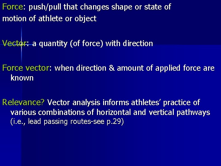 Force: push/pull that changes shape or state of motion of athlete or object Vector: