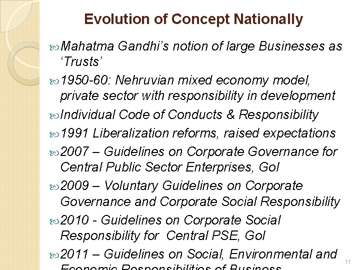 Evolution of Concept Nationally Mahatma Gandhi’s notion of large Businesses as ‘Trusts’ 1950 -60: