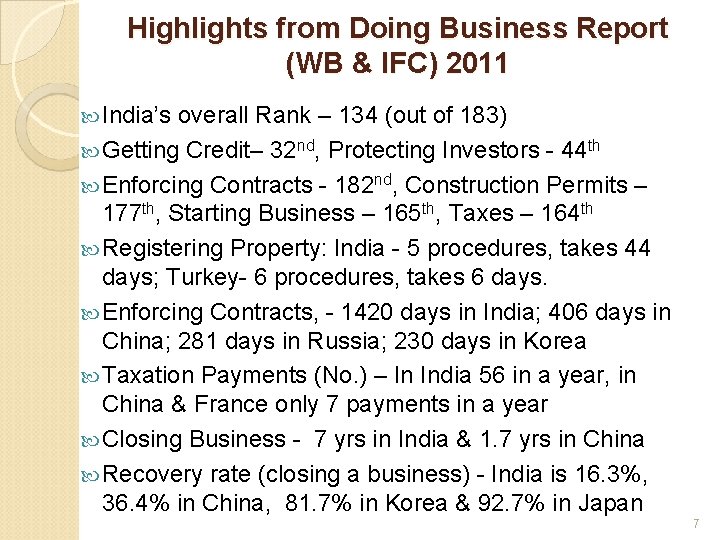 Highlights from Doing Business Report (WB & IFC) 2011 India’s overall Rank – 134