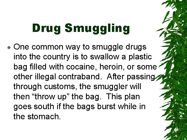 Drug Smuggling One common way to smuggle drugs into the country is to swallow