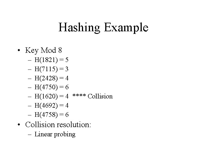 Hashing Example • Key Mod 8 – – – – H(1821) = 5 H(7115)