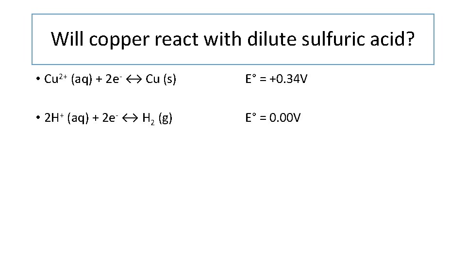Will copper react with dilute sulfuric acid? • Cu 2+ (aq) + 2 e-