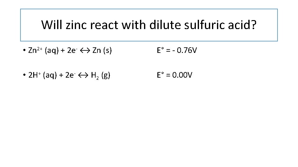 Will zinc react with dilute sulfuric acid? • Zn 2+ (aq) + 2 e-