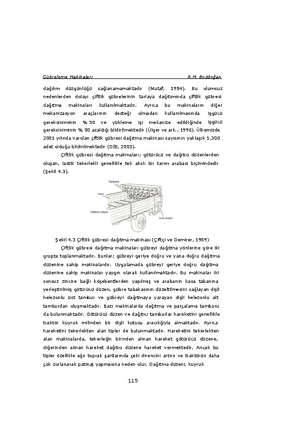 Gübreleme Makinaları dağılım düzgünlüğü A. M. Bozdoğan sağlanamamaktadır (Mutaf, 1984). Bu olumsuz nedenlerden dolayı