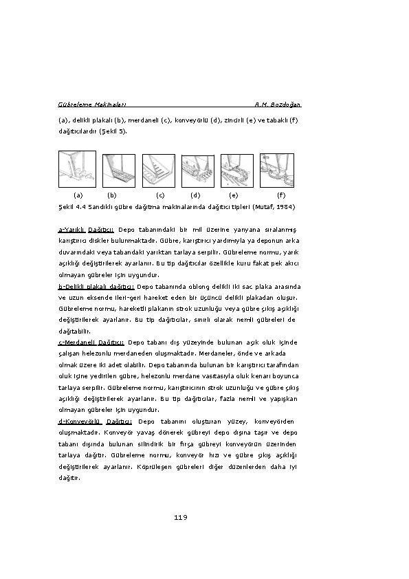 Gübreleme Makinaları A. M. Bozdoğan (a), delikli plakalı (b), merdaneli (c), konveyörlü (d), zincirli