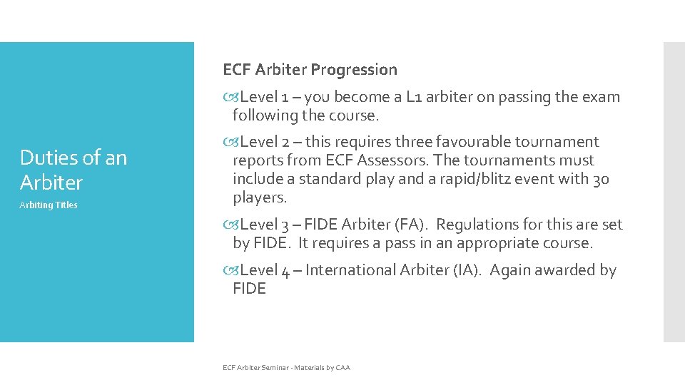ECF Arbiter Progression Level 1 – you become a L 1 arbiter on passing