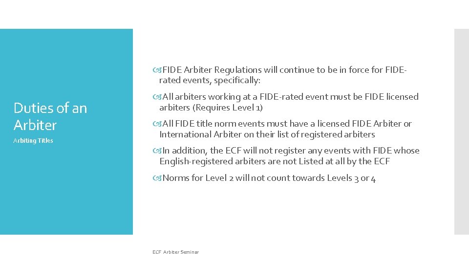  FIDE Arbiter Regulations will continue to be in force for FIDErated events, specifically:
