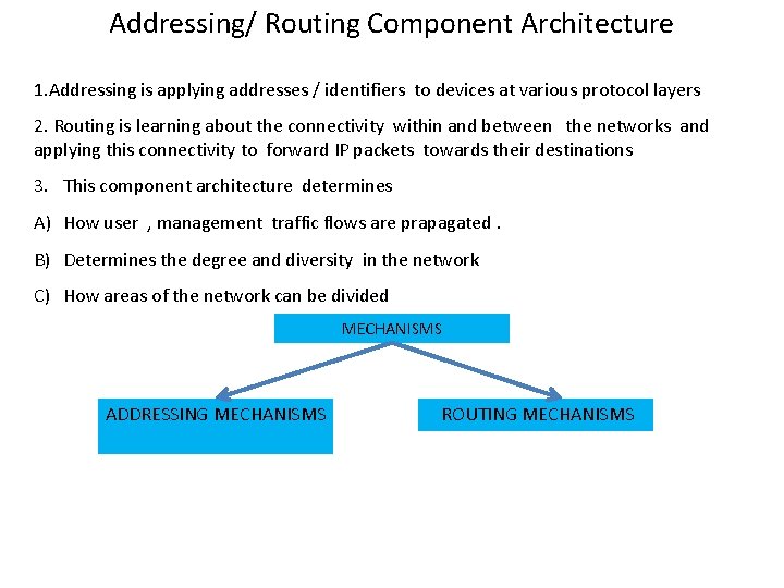 Addressing/ Routing Component Architecture 1. Addressing is applying addresses / identifiers to devices at