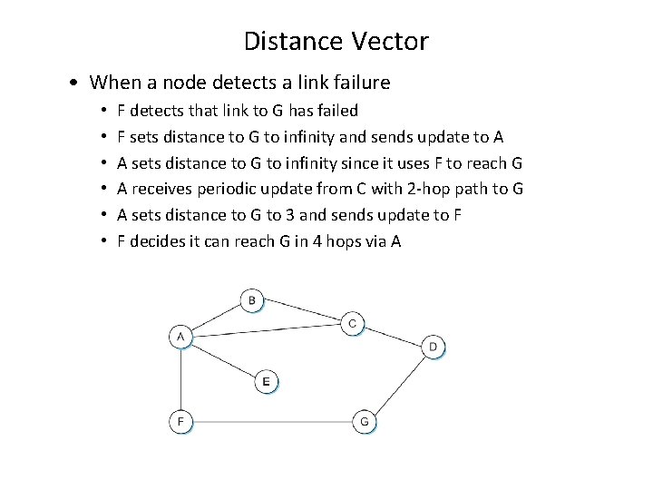 Distance Vector • When a node detects a link failure • • • F