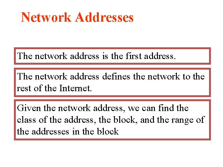 Network Addresses The network address is the first address. The network address defines the