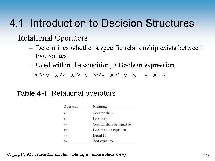 4. 1 Introduction to Decision Structures Relational Operators – Determines whether a specific relationship 4. 1 Introduction to Decision Structures Relational Operators – Determines whether a specific relationship