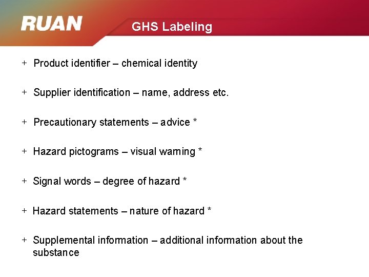GHS Labeling + Product identifier – chemical identity + Supplier identification – name, address