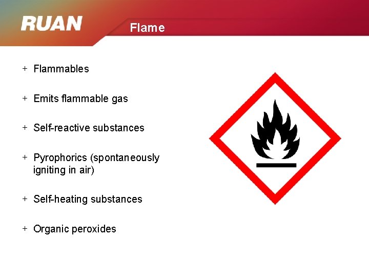 Flame + Flammables + Emits flammable gas + Self-reactive substances + Pyrophorics (spontaneously igniting